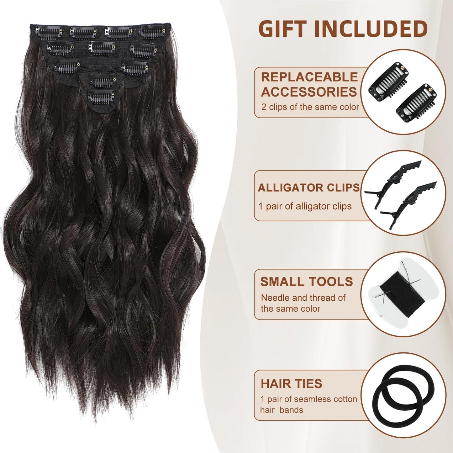 Fliace Clip in Hair Extensions, 6 PCS 1 6 Inch Hair Extensions Clip Ins, Dark Brown Long Wavy Hairpieces(16inch, 6pcs, Dark Brown)