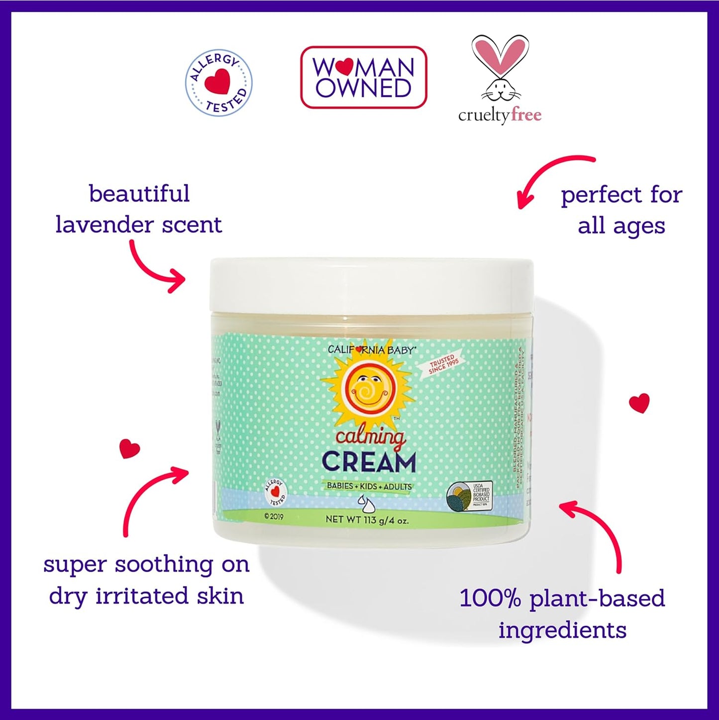 California Baby Calming Cream - 100% Plant-Based Lavender Moisturizer for Dry Skin, Hypoallergenic, 113g