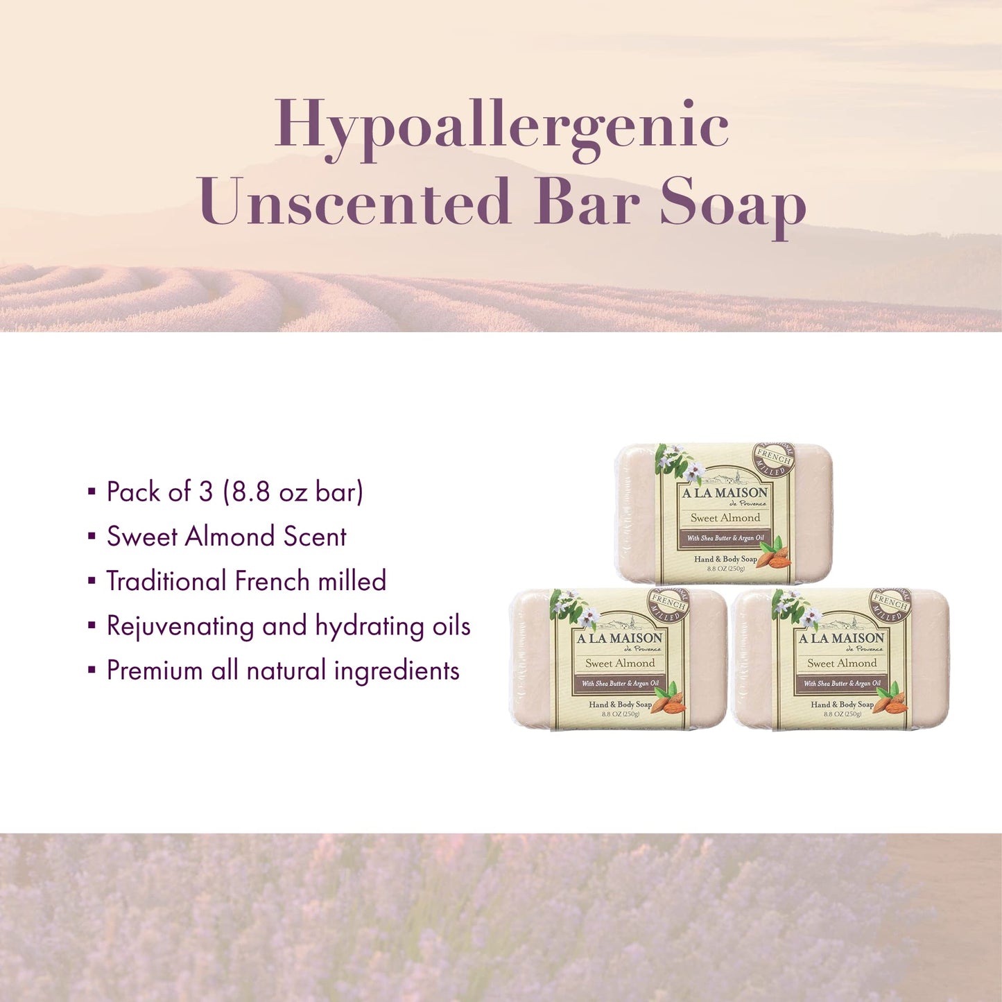 A LA MAISON Triple French Milled Bar Soap, 8.8 Ounces - Natural Moisturizing Hand Soap Bar (3 Bar of Soap, 8.8 Ounces, Sweet Almond)