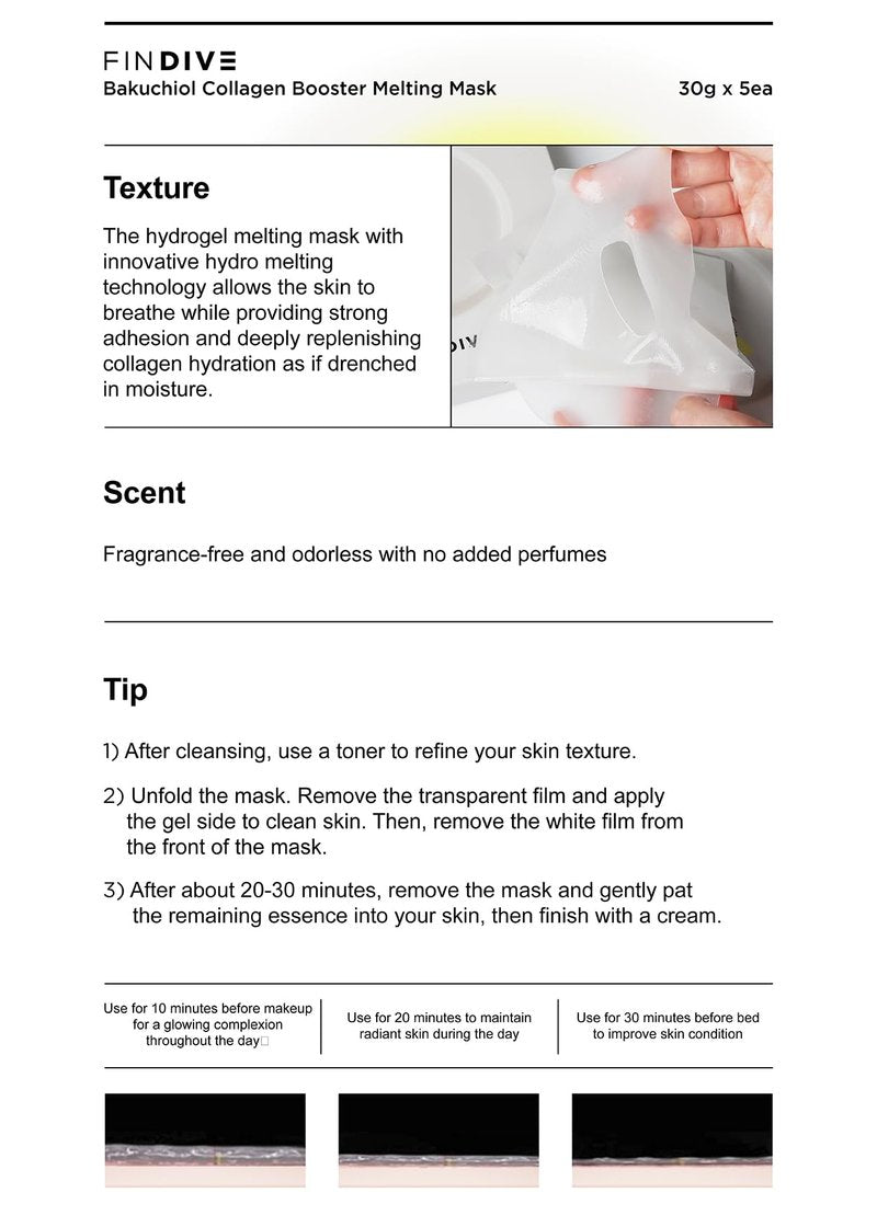 FINDIVE OFFICIAL Bakuchiol Collagen Booster Melting Mask, Bakuchiol, Plan-Based Retinal Alternative, Collagen 63%, Lactobacillus, Ceramide, Allantoin, Korean Skincare 1.05fl.oz x 5 Sheets