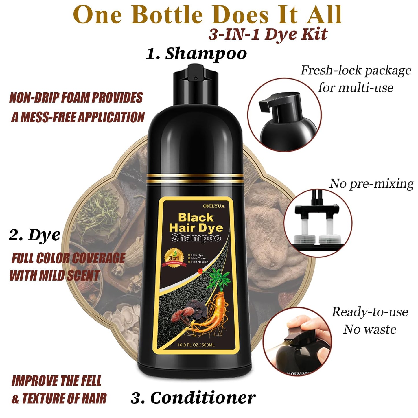 Instant Black Hair Dye Shampoo 3 in 1, 100% Grey Hair Coverage for Women Men, Magic Color Shampoo Hair Dye, Black Shampoo for Painting Hair, Plant Bubble Dye Shampoo, Shampoo Para Canas, 16.9 Fl Oz