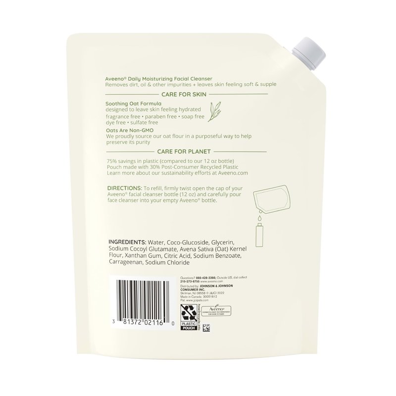 Aveeno Daily Moisturizing Facial Cleanser with Soothing Non-GMO Oat, Leaves Skin Feeling Hydrated, Soft & Supple, Paraben-, Sulfate-, Fragrance-, Dye- & Soap-Free, Refill Pouch, 16 fl. oz (Pack of 3)