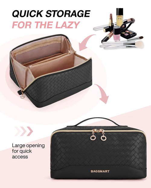 BAGSMART Makeup Bag Cosmetic Bag, Travel Makeup Bag, PU leather Makeup Bags for Women Portable Water-resistent Pouch Open Flat Make Up Organizer Bag for Toiletries, Brushes, Leather Black