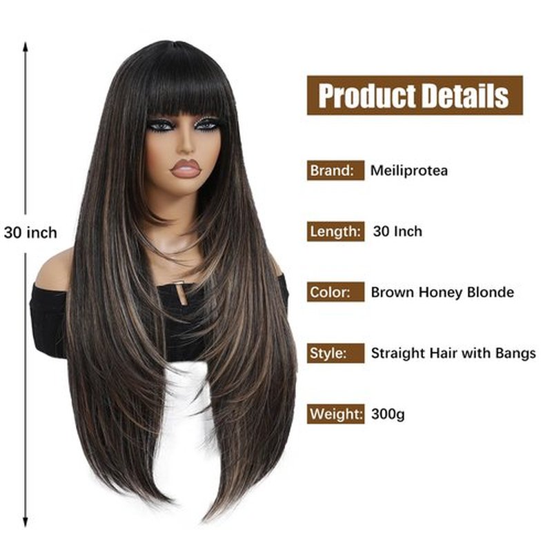 meiliprotea Highlight Brown Long Straight Layered Wig with Bangs Mixed Brown Wear and Go Glueless Wig 30 Inch Long Straight Synthetic Wig for Women Daily Use