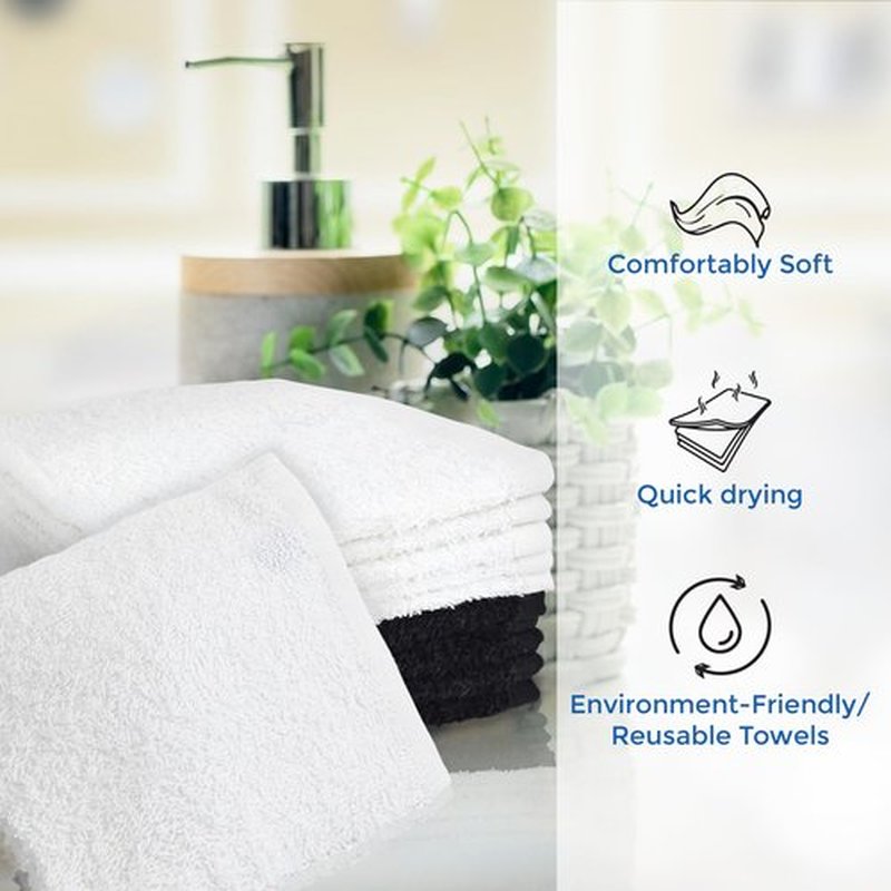 Crystal Ridge 100% Cotton Premium Wash Cloths, 12"x12", 10 Pack, Soft Feel, Absorbent Multipurpose Towels for Bathroom, Kitchen and Gym. Face & Body Washcloths, Bar Towels (10, White/Black)