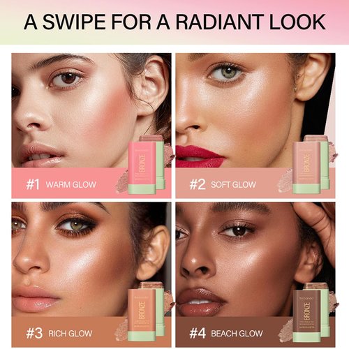 Multi-Purpose Makeup Blush Stick, 3-in-1 Beauty Tinted Solid Blush Stick For Cheeks, Lips And Eyes With Long-Lasting Moisturizing Formula, Waterproof Natural Cream Blush Stick(4#Beach Glow)