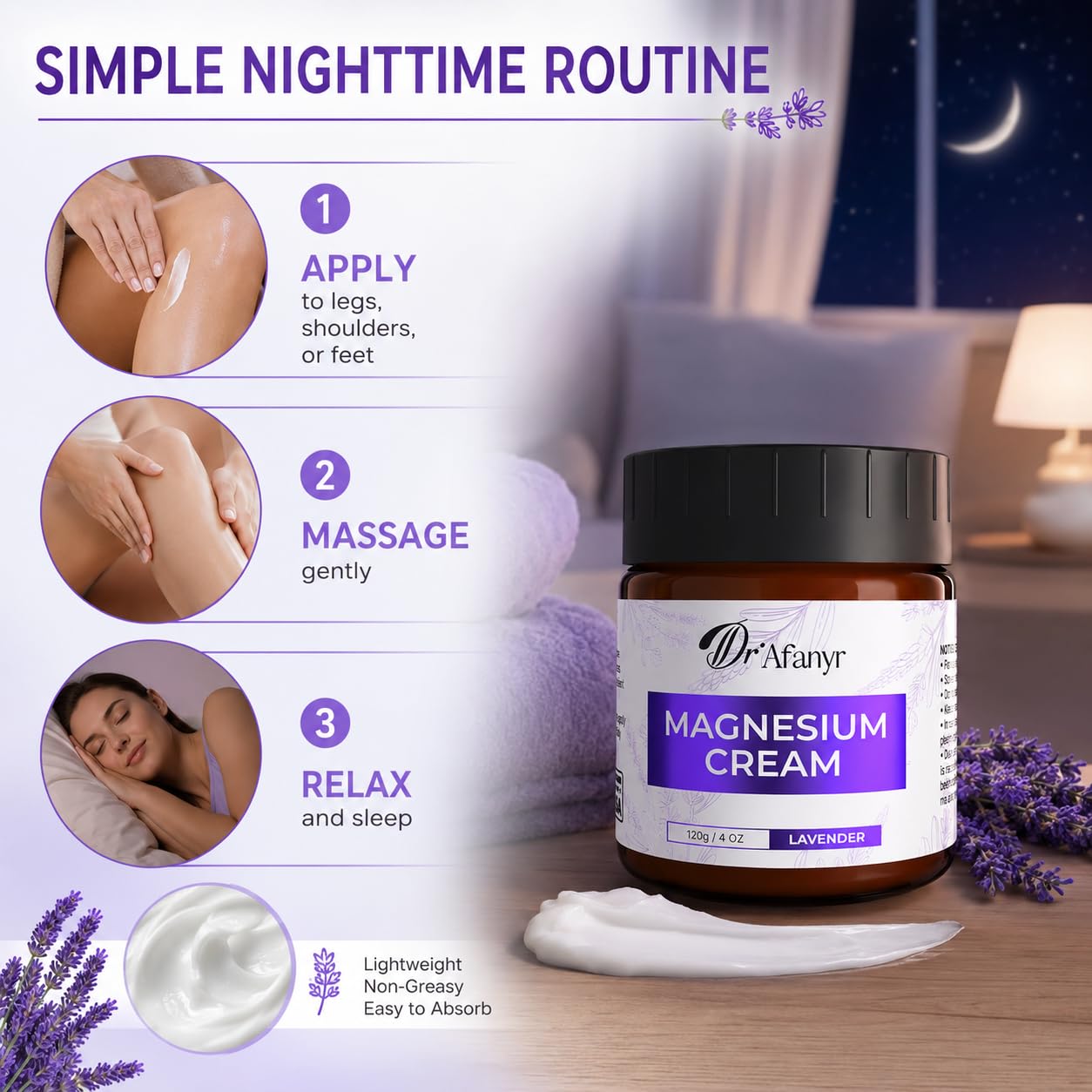 Magnesium Cream for Sleep and Relaxation - Lavender Magnesium Lotion with Chamomile & Cica - Moisturizing Body Butter for Overworked Muscles, Leg Tension & Nighttime Calm - Non-Greasy, Fast Absorbing