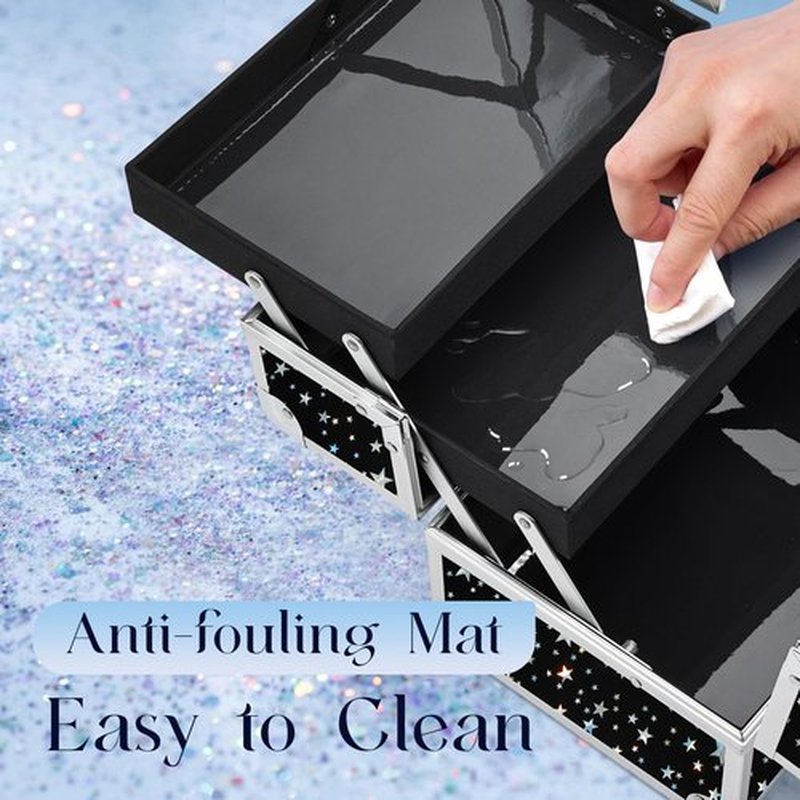 Joligrace Makeup Train Case Portable Cosmetic Box 2 Trays with Mirror Lockable for Makeup Nail Tech and Beauticians Traveling Makeup Storage Organizer - Black Star