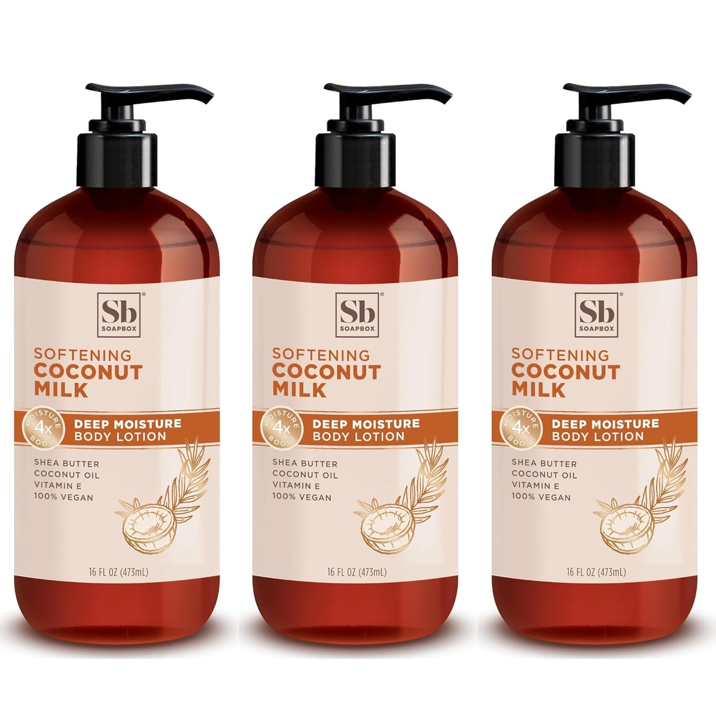Soapbox Moisturizing Body Lotion, Coconut Milk & Sandalwood with Aloe and Shea Butter, Pack of 3 Hand Lotion Bottles, Vegan Skin Care Products, Moisturizer for Dry Skin, 3 Pack, 16oz Each