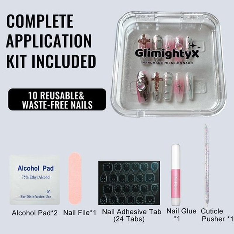 GlimightyX 3D Handmade Press On Nails Medium, Y2K Cyber Pink Chrome Press On Nails with Nail Glue, Reusable UV Gel Cured Sturdier Fake Nails, Size XS 10 Nail Kit,Baby Chrome