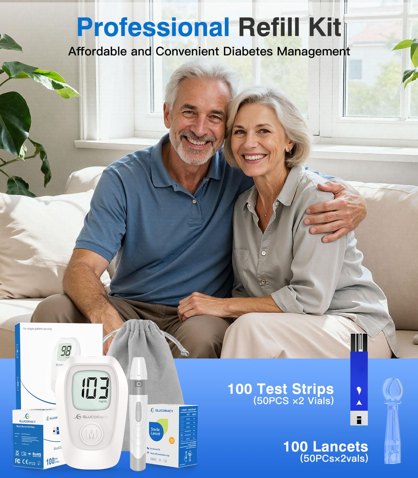 Glucoracy G-425 Glucose Monitor Kit, Blood Sugar Monitor with Glucose Meter, Lancing Device, 50 Test Strips and 50 Lancets, Blood sugar testing kit for Home Use, Diabetes Home Testing Kit