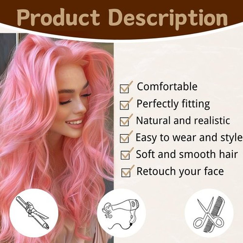 Long Pink Wig for Women 26 Inch Middle Part Wavy Women Charming Wigs Realistic Natural Looking Synthetic Heat Resistant Fiber Wig for Daily Party Use
