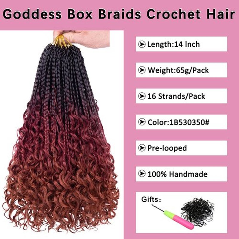 COOKOO 8 Packs Goddess Box Braids Crochet Hair for Women 14 Inch 3X Synthetic Bohomian Hippie Box Braids Crochet Hair Pre Looped With Curly Ends Braiding Hair Extension 1B530350#