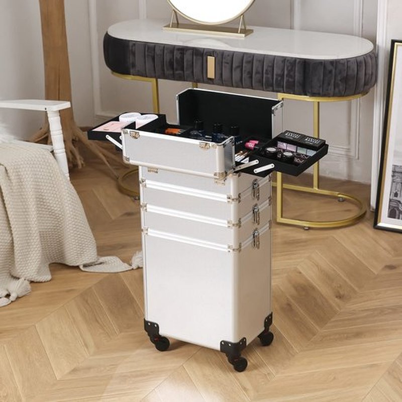 4 in 1 Rolling Makeup Train Case, Professional Aluminum Makeup Travel Organizer Cosmetic Case, Cosmetology Caboodle Case on 360° Wheels, Beauty Storage Luggage Lockable(Silver)