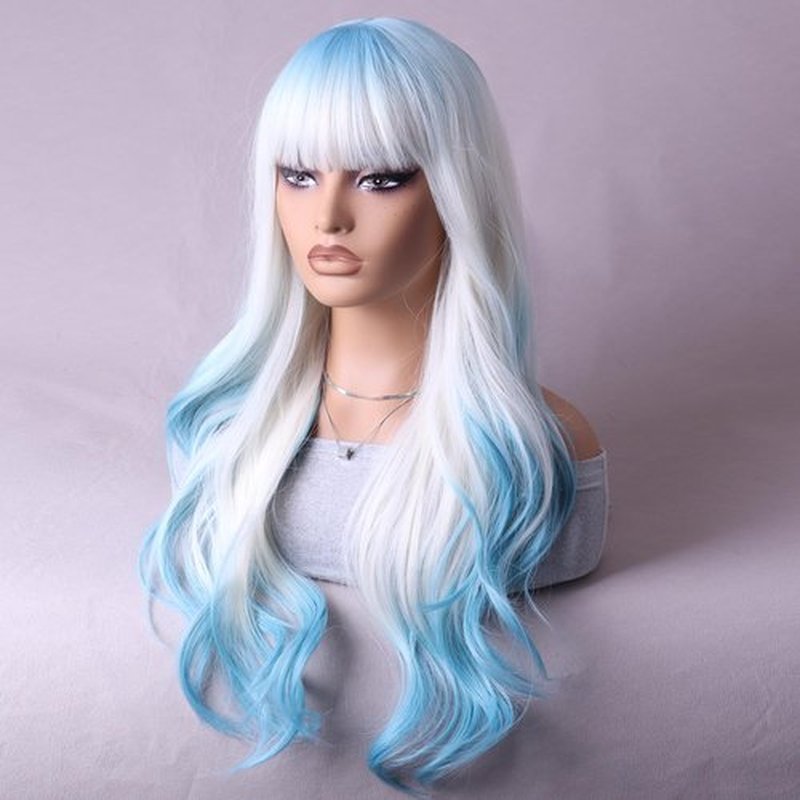 RightOn Blue Ombre Wig Long Wavy Wig Ombre Blue Wig with Bangs Blue Wigs with Wig Cap