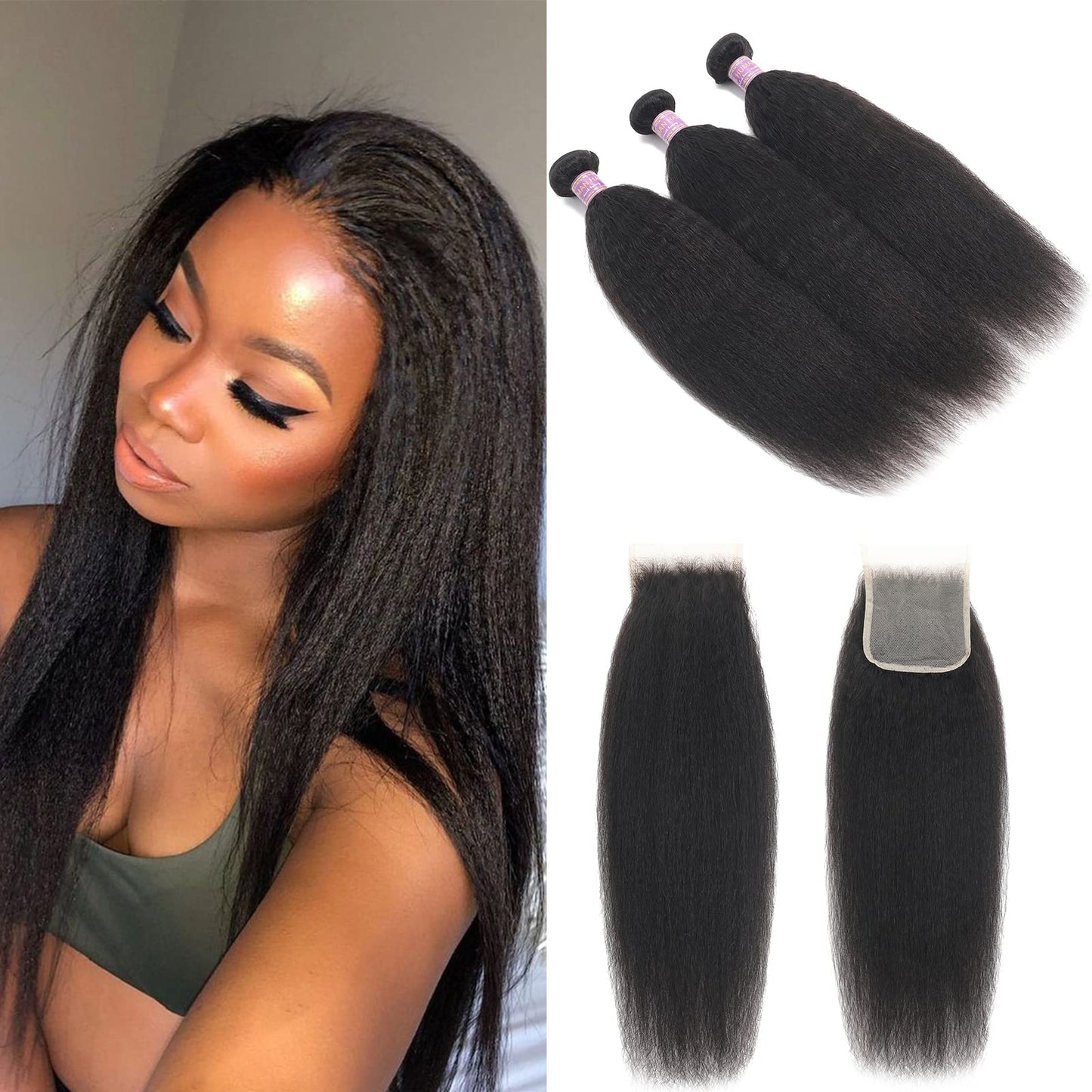 Vligcor Kinky Straight Human Hair Bundles With 4x4 Lace Closure Free Part 14 14 14+12 Inch Natural Black 100% Unprocessed Brazilian Virgin Yaki Straight Hair Extensions (14 14 14+12Closure)