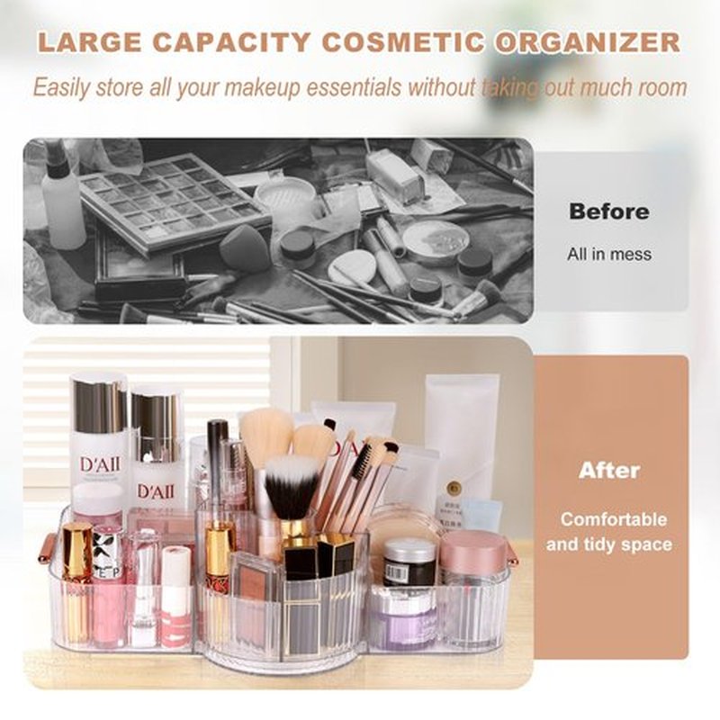 LAIMIJIN Countertop Makeup Organizer, Large Capacity Rotating Cosmetic Display Case for vanity, Spacious Makeup Skincare Storage Organizer with Makeup Brush Holder for Countertop (Clear)