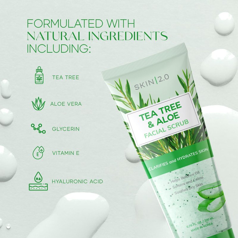 Skin 2.0 Tea Tree & Aloe Gentle Exfoliating Scrub - Dermatologist Tested, Multi-Tasking Cleanser, Clears Skin - Anti-Aging, Clean Beauty, Cruelty-Free Korean Skincare for All Skin Types - 6.76 Fl Oz
