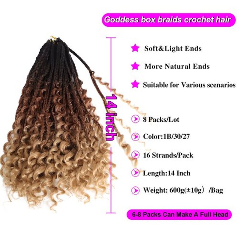 Goddess Box Braids Crochet Hair 14 Inch Boho Box Braids 8 Packs Goddess Box Braids Crochet Hair Bohomian Crochet Braids Hair Synthetic Braiding Hair Extensions Crochet Hair For Black Women