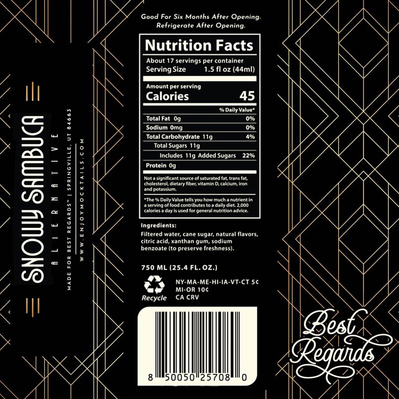 BEST REGARDS Snowy Sambuca | Non-Alcoholic Liqueur | The World’s Leading Developer of Non-Alcoholic Spirits, Liqueurs & Mocktails | 25.4 FL OZ (750 ML)