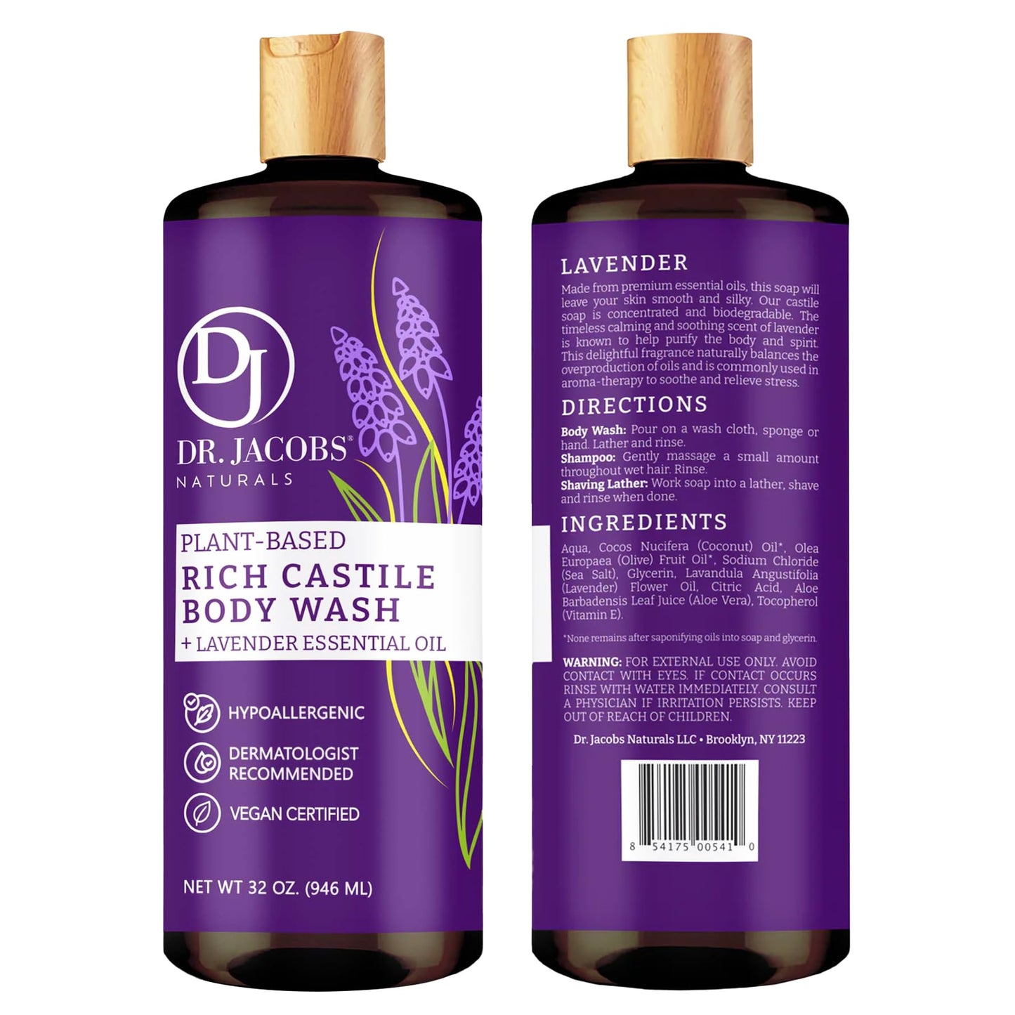 DR. JACOBS NATURALS Castile Lavender All-Natural Body Wash for Moisturizing Dry and Sensitive Skin Shampoo with Plant-Based Ingredients Gluten, Preservatives-Free Formula - 32 oz, Pack of 1