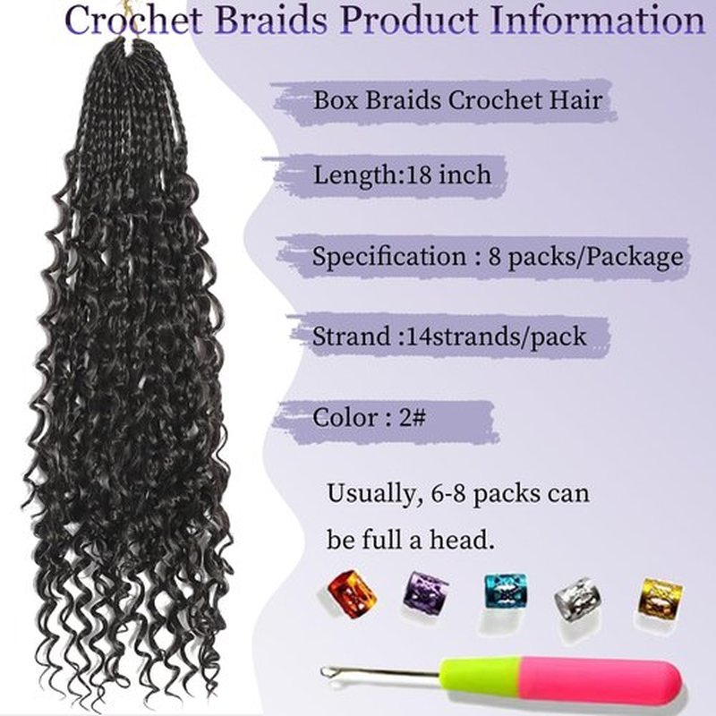 Goddess Box Braids Crochet Hair 18 Inch Crochet Braids Pre Looped Boho Braids Crochet Hair 8 Packs Crochet Hair for Black Women Crochet Box Braids With Curly Ends (18 Inch,2#)