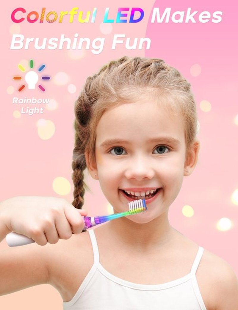 Seago Kids Electric Toothbrush with 2 Mins Brushing Timer and 8 Replacement Bursh Heads,Rainbow LED Light Make Brushing Fun, Pink Color Girls Battery Powerd Toothbrush for 4-12 Years Old