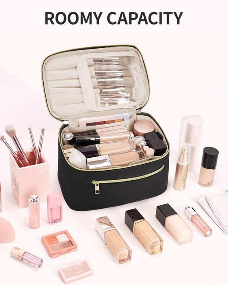 Wandering Nature Makeup Bag, Travel Make Up Organizer Cosmetic Brush Bags Case for Women in Quilted Fabric, Black(Patent Pending)