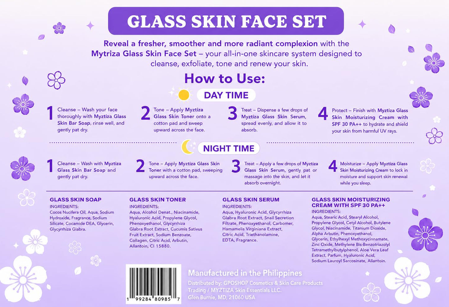 Myztiza Glass Skin Face Set featuring the Glass Skin Soap 135 GM , Toner 60 ML, Serum 30 ML, and Moisturizing Cream with SPF 30 ++ 25 GM: Achieve Radiant, Hydrated, & Glass-Like Skin