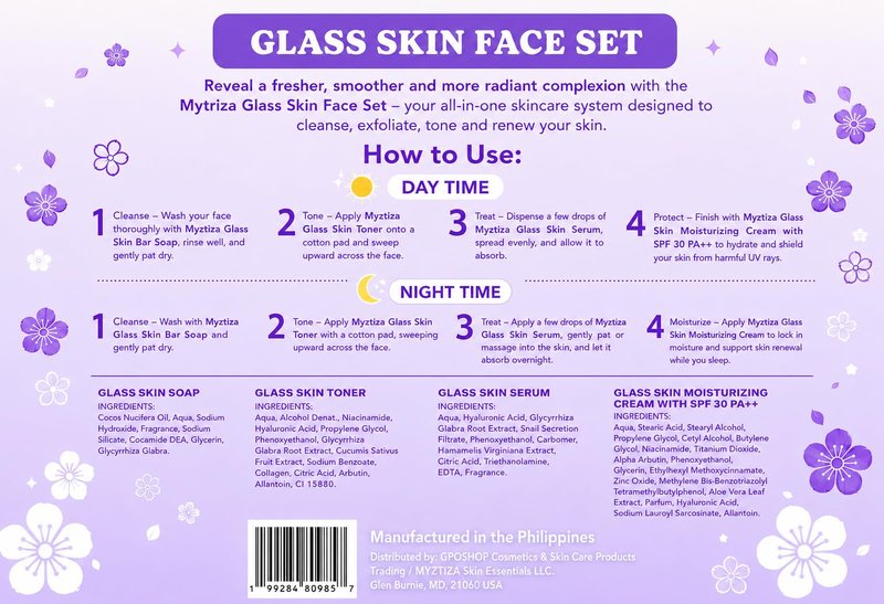 Myztiza Glass Skin Face Set featuring the Glass Skin Soap 135 GM , Toner 60 ML, Serum 30 ML, and Moisturizing Cream with SPF 30 ++ 25 GM: Achieve Radiant, Hydrated, & Glass-Like Skin