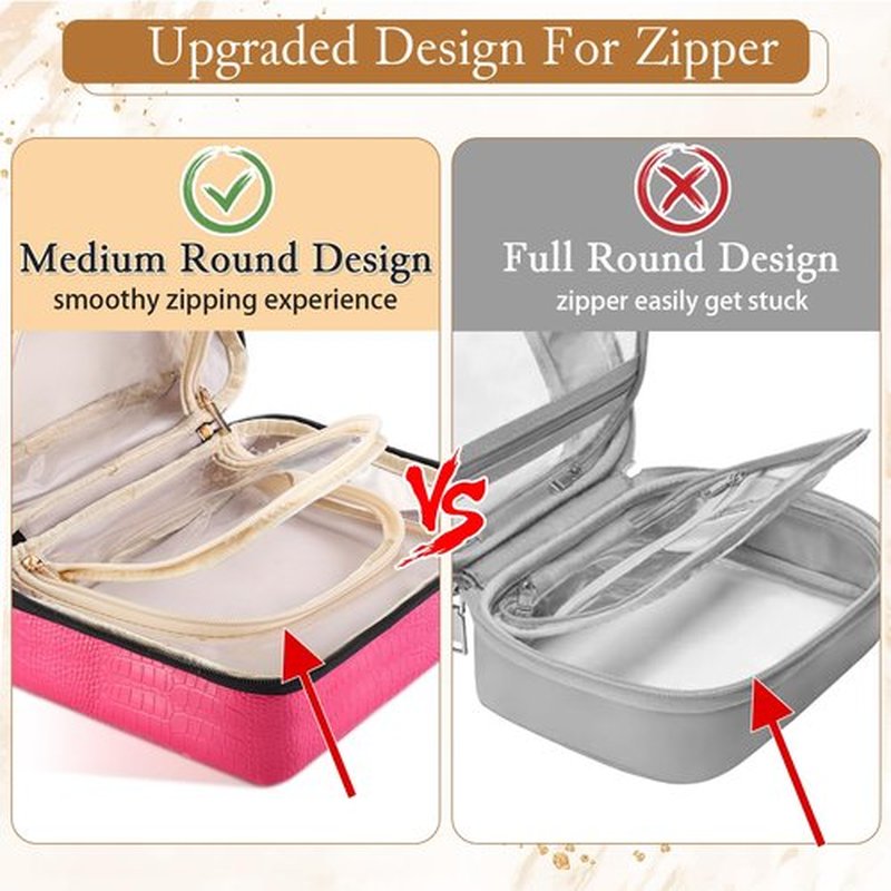 ZQQZAN Travel Cosmetic Bag - Leather Makeup Bag Organizer with Clear Makeup Pouch, Open Flat Design with Large Capacity, Travel Makeup Case for Women Girls, Hot Pink