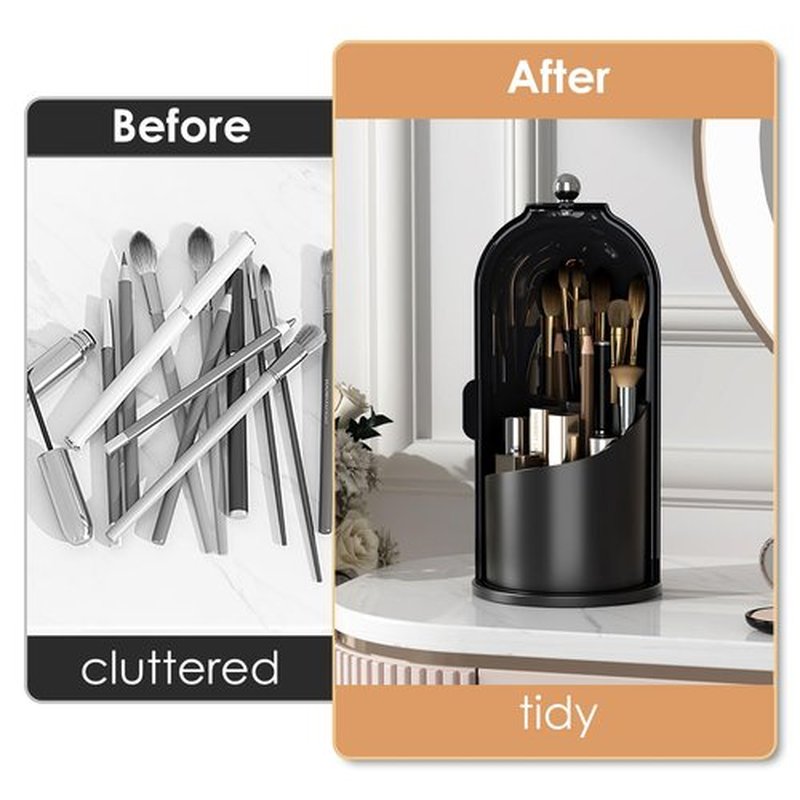 YOOLENS Makeup Brush Holder Organizer with Lid,360 Rotating Clear Dustproof Makeup Brushes Organizer for Vanity Desktop Bathroom Countertop, All Black