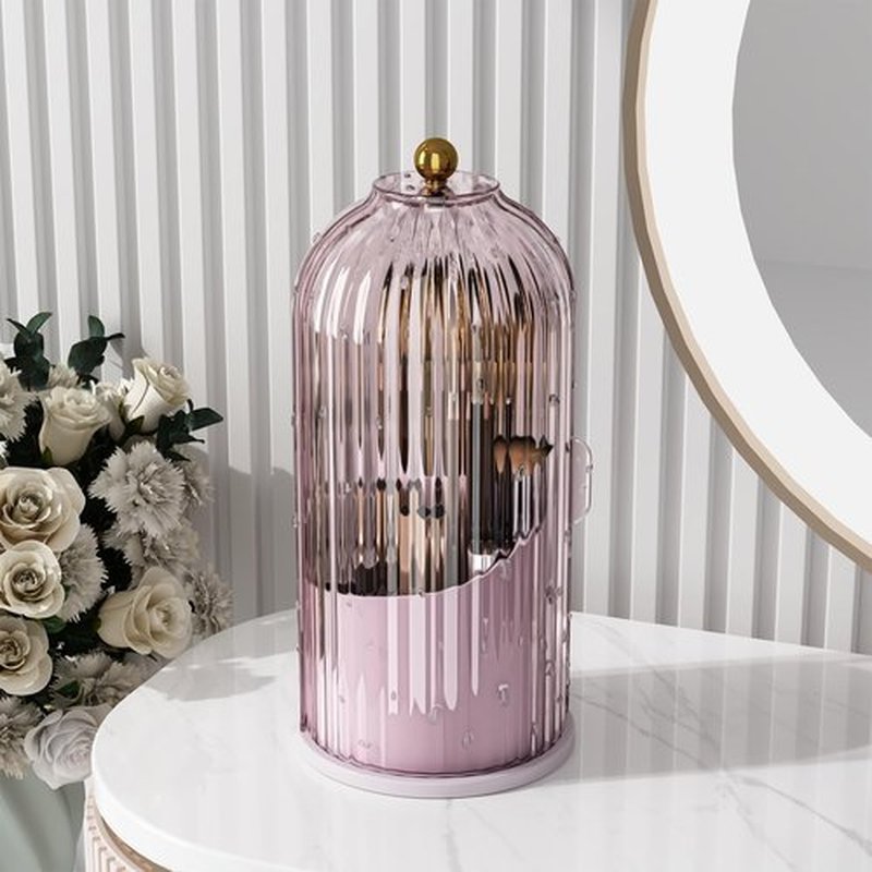 Zufudo Makeup Brush Holder Organizer with Lid 360° Rotating Makeup Organizer Countertop Dustproof Cosmetics Organizer for Vanity Bathroom, Pink Purple