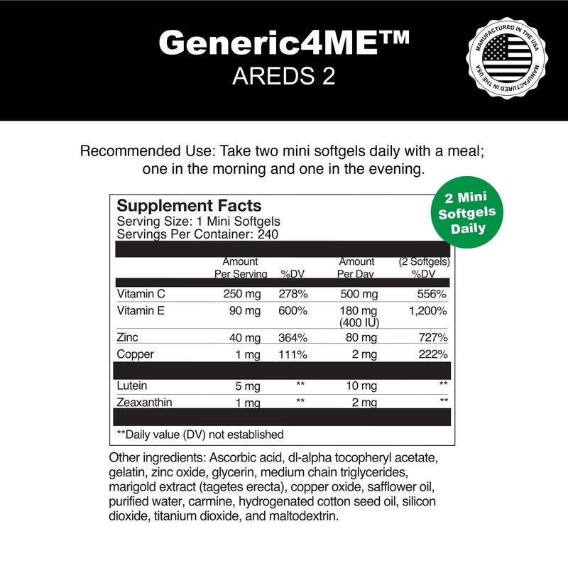 Generic4ME AREDS 2 SoftGels, 500 mg Vitamin C, 400 IU Vitamin E, 10 mg Lutein, 2 mg Zeaxanthin, 80 mg Zinc, 2 mg Copper - Supports Eye Health - 240 Mini SoftGels (Four Month Supply)