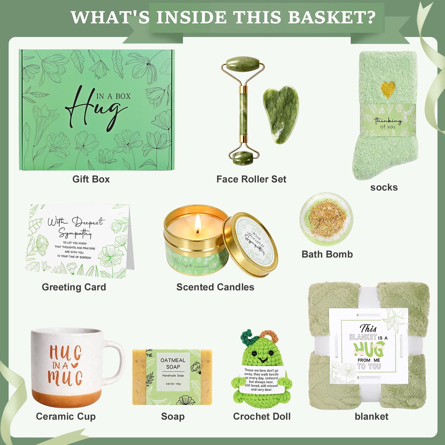 Sympathy Gift Baskets for Loss of Loved One, Bereavement Care Package for Women, Condolence Gift for Mom, Dad, Husband – Grief Support, Miscarriage Gifts for Mother, Sorry for Your Loss (Green)
