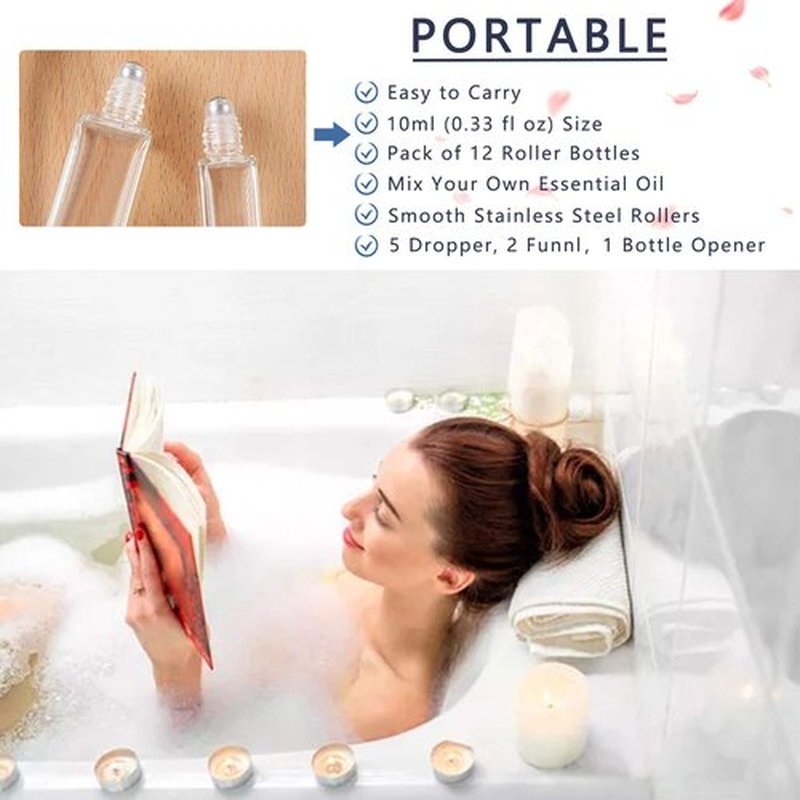 wifreo 12Pcs 10ml Glass Roll On Bottle for Essential Oils, Eco-friendly Refillable Clear Perfume Sample Bottles with Stainless Steel Roller Ball - Portable & Practical