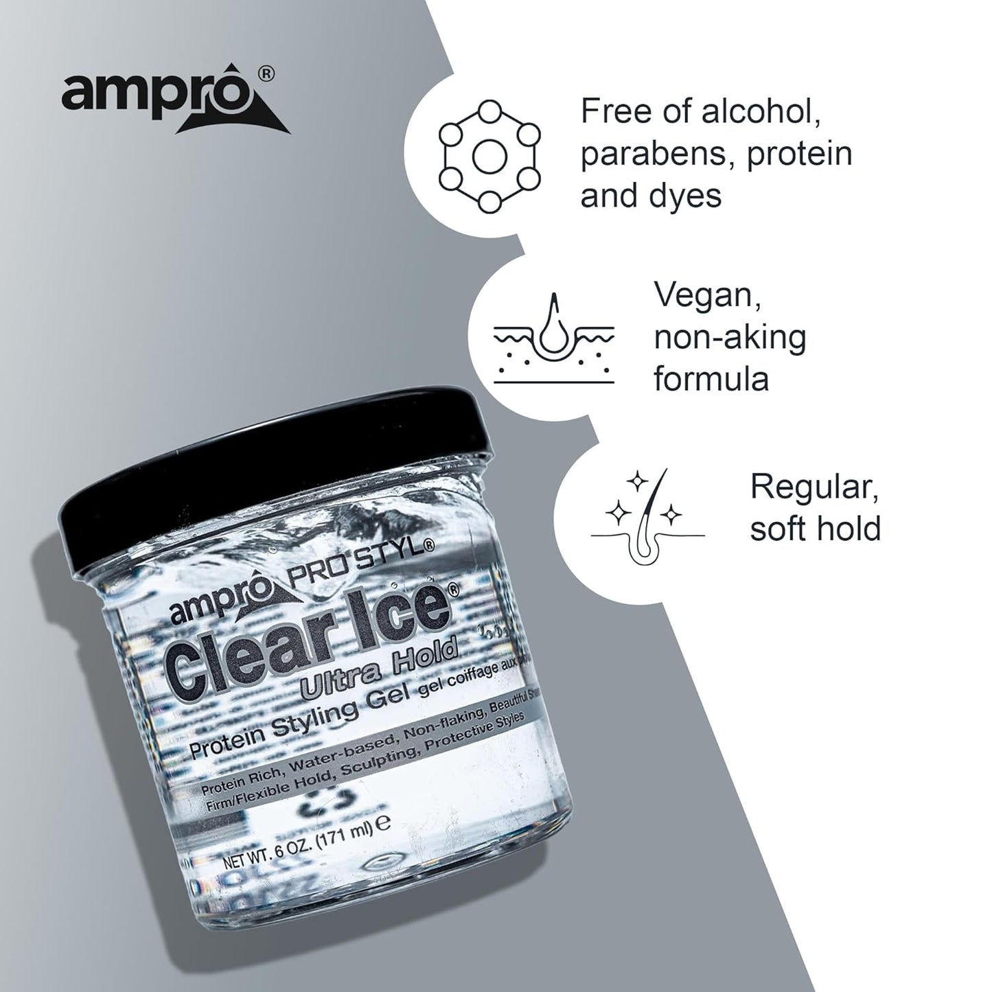 AmPro Pro Styl Clear Ice Styling Gel - Protects and Strengthens Your Strands - Non-Flaking, Alcohol Free, Vegan Formula - Flexible, Touchable Hold for All Hair Types - 80 oz