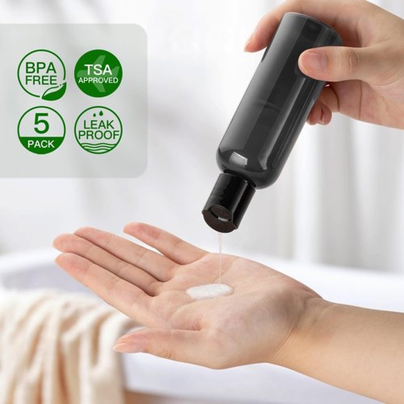owlyee 3.4 oz Travel Bottles for Toiletries, Empty Travel Size Containers Tsa Approved, 5PCS Small Plastic Shampoo Bottles with Labels (100ml, Black)