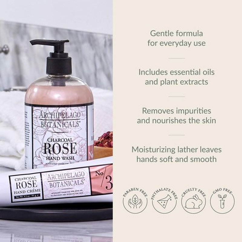 Archipelago Botanicals Charcoal Rose Liquid Hand Soap, Moisturizing Daily Hand Wash with Soap Pump, Kitchen or Bathroom Hand Soap, 17.0 Fl. Oz.