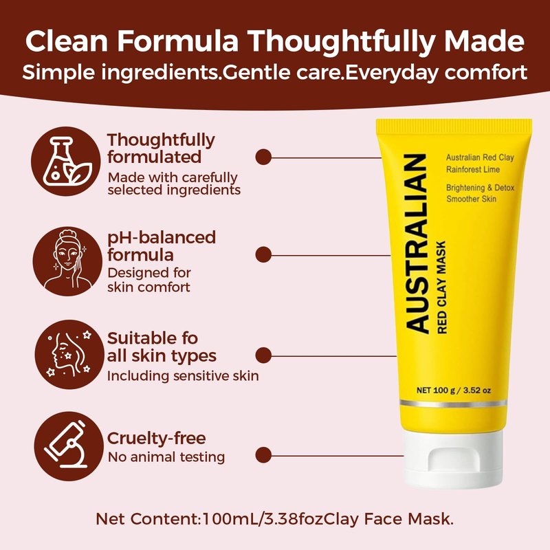 BIWQTY Australian Red Clay Face Mask, Mineral-Rich Detox Mud Mask with Kakadu Plum & Desert and Rainforest Lime Extracts, Gentle Exfoliation, For All Skin Types, 3.52 oz / 100 mL (1 pack)