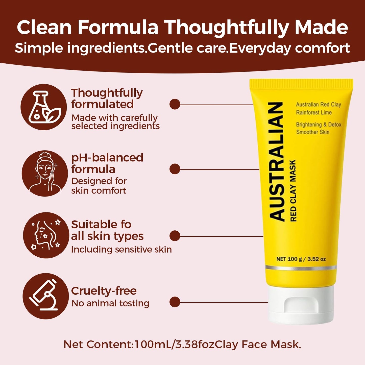 BIWQTY Australian Red Clay Face Mask, Mineral-Rich Detox Mud Mask with Kakadu Plum & Desert and Rainforest Lime Extracts, Gentle Exfoliation, For All Skin Types, 3.52 oz / 100 mL (1 pack)