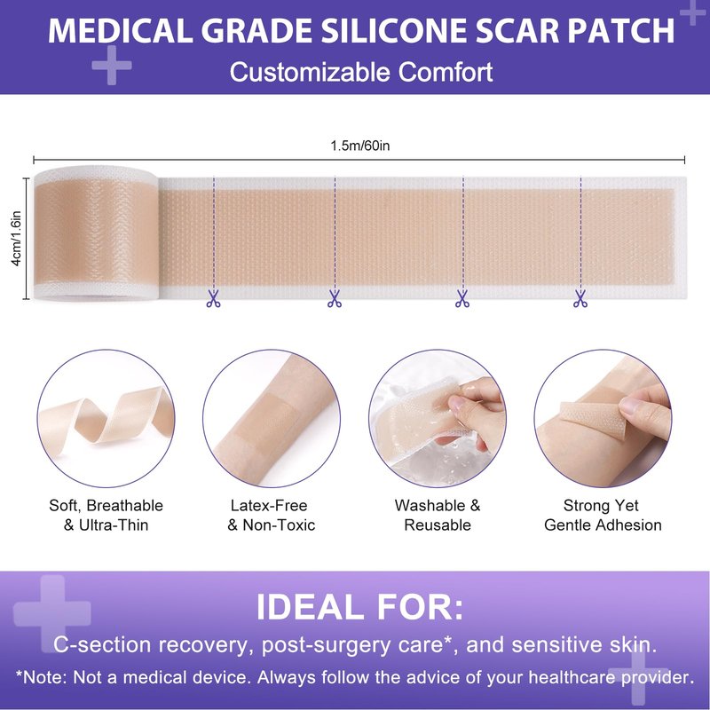 Silicone Scar Sheets,Silicone Scar Tape 1.6'' x 60'',Reusable Professional Silicone Scar Sheet for Surgical Scars,Tummy Tuck, Keloid, Burn, Acne,C-Section