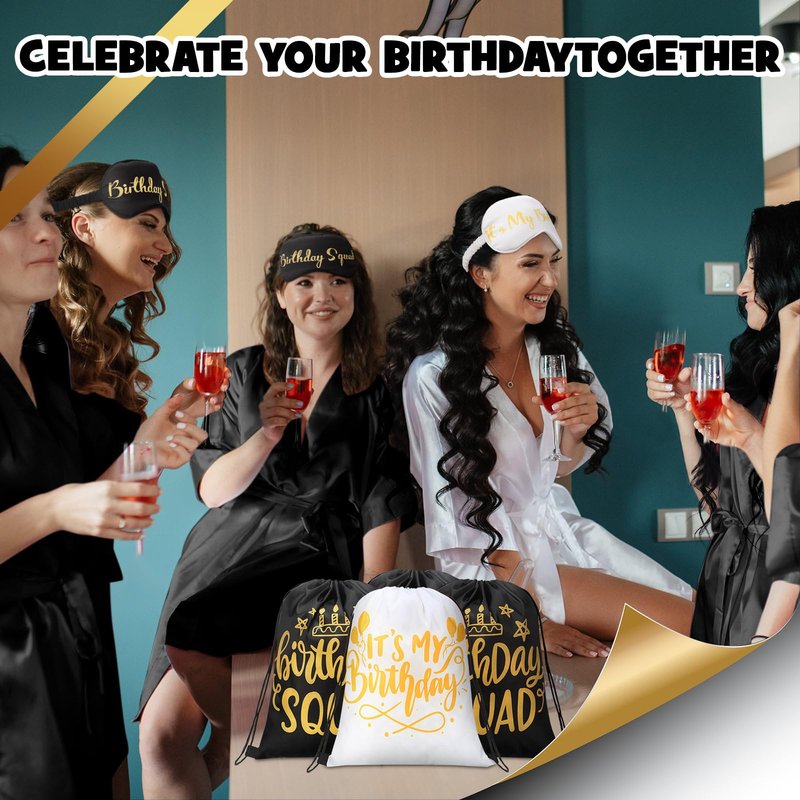 Bunnycool 18 Pcs Birthday Squad Party Favors with 6 Squad Drawstring Bag 6 Satin Eye Mask Satin 6 Hair Scrunchies Spa Birthday Party Favor for Queen Women 20th 30th 40th 50th 60th Decoration(Black)