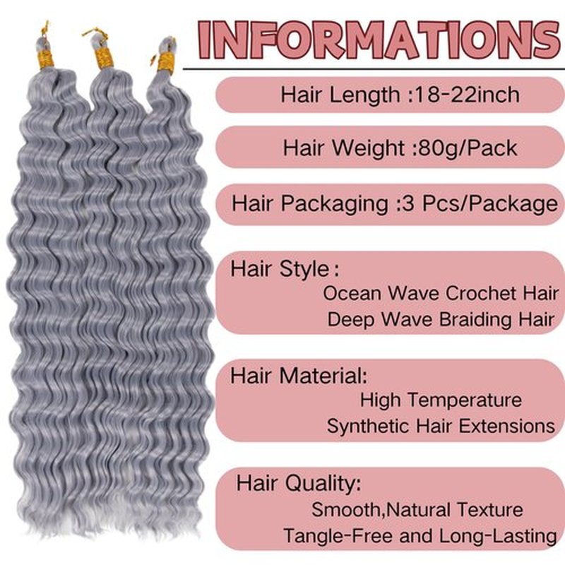 Ocean Wave Crochet Hair 20 inch 3packs Deep Wave Crochet Hair Synthetic Wave Curly Braiding Hair Extensions Ocean Wave Braiding Hair for Black Women (20 inch, Grey)