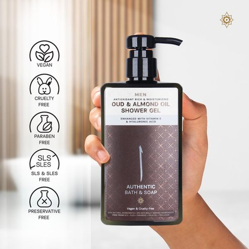 AUTHENTIC BATH & SOAP All Natural - Oud & Organic Sweet Almond Oil Mens Body Wash - with Vitamin E & Hyaluronic Acid, Moisturizing, Gentle Cleansing Shower Oil for Men, Cruelty Free & Vegan 16.9 Fl Oz