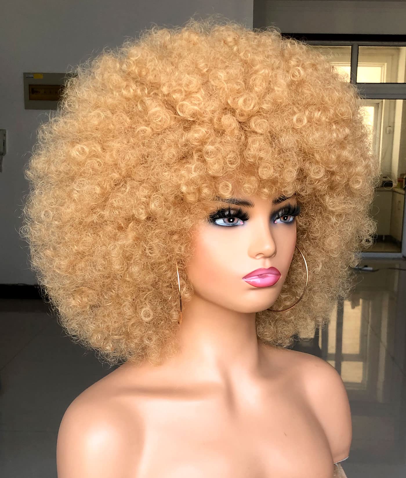 HIHOO Short Afro Wig with Bangs for Black Women Afro Kinky Curly Wig 70s Premium Synthetic Big Afro Wig(Blonde)
