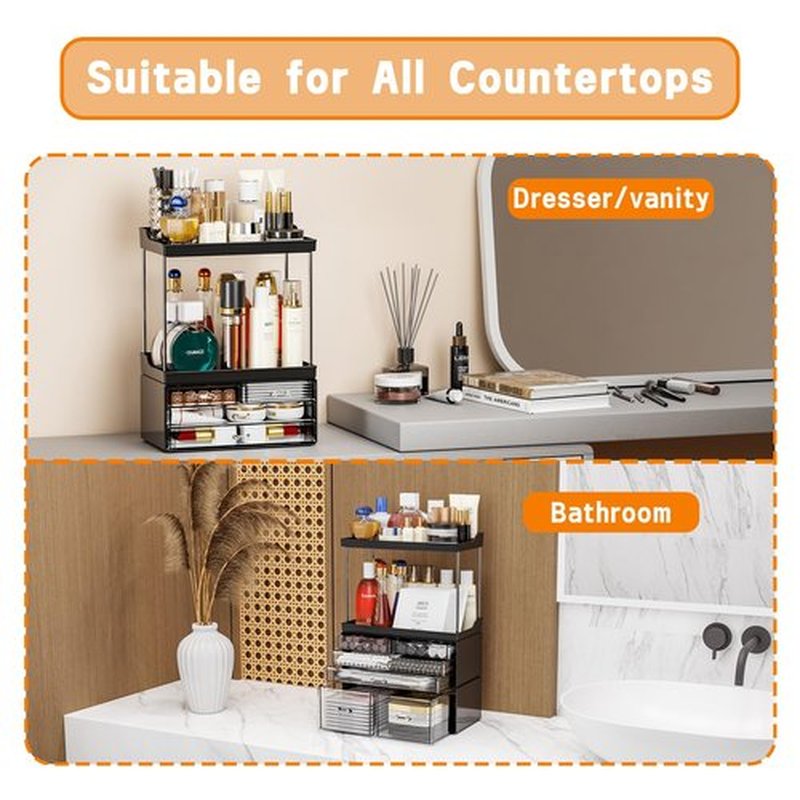 Yieach 3 Pack Clear Makeup Organizer With Drawers - Stackable Design,19.1" Tall Large Capacity - Suitable as Bathroom Counter Organizer,Vanity Perfume Organizer,Dresser Top Organizer for Bedroom
