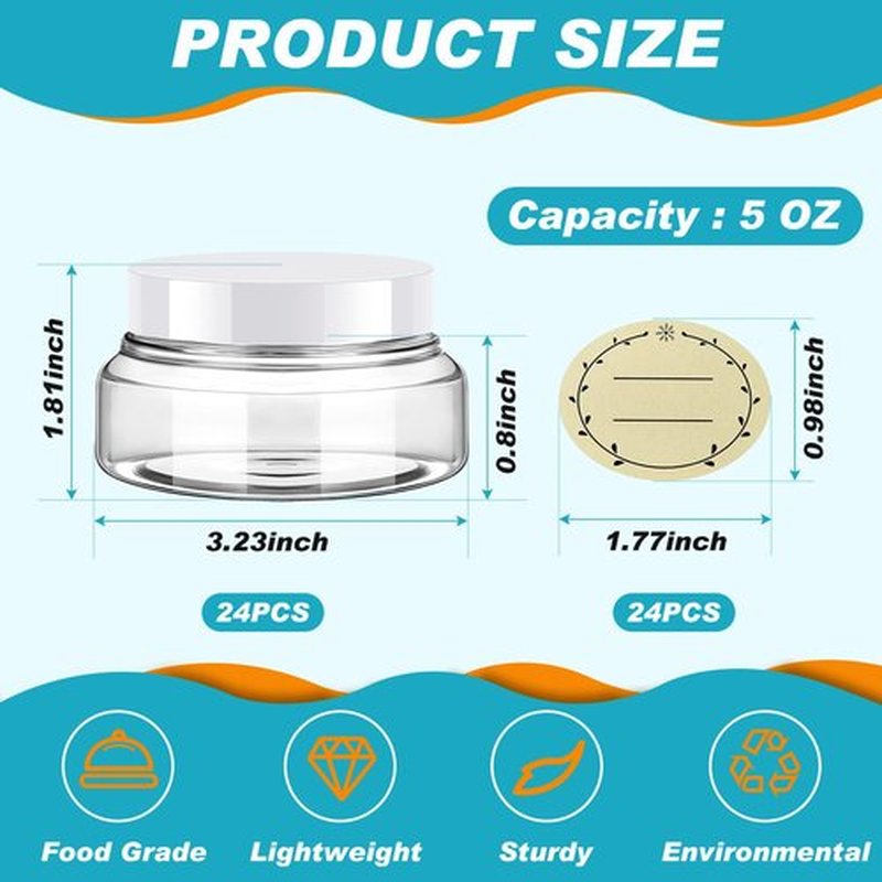 Tessco 24 Pack Plastic Jars with Lids Labels Plastic Containers Round Refillable Cosmetic Containers Empty Body Butter Jars Sugar Scrub Containers for Cosmetics (White,5 oz)