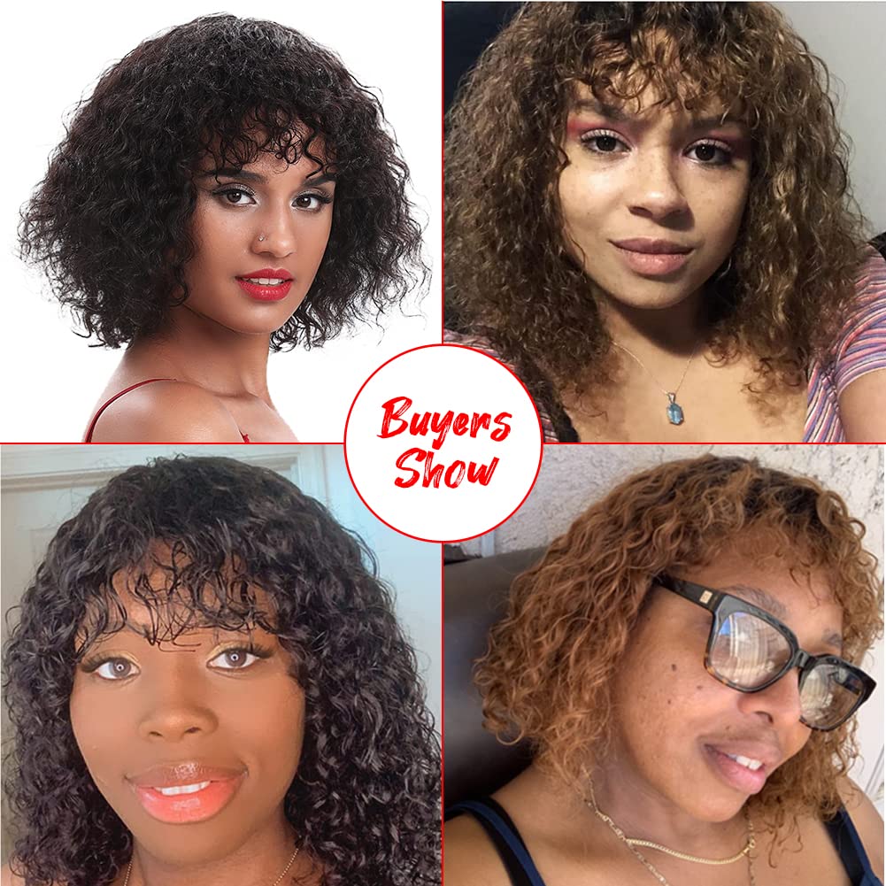 Spotlight Short Kinky Curly Wigs 10 inch Bob Loose Wave Human Hair Wigs for Women Brazilian Virgin Human Hair Wigs with Bangs 180% Density Natural Looking (Ombre Brown, TT1B/30)