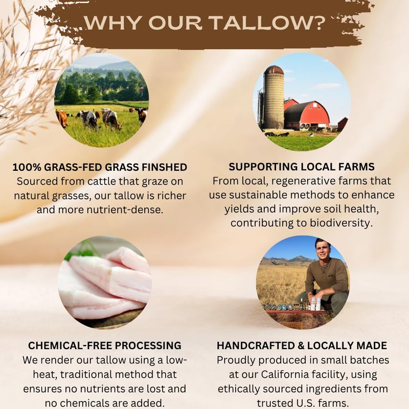 Untamed Organics Pure Tallow 100% Grass-Fed Grass-Finished Beef Tallow Balm For Skin Care - Full Body & Face Moisturizer For Sensitive Skin, Eczema - All-Purpose Pure Tallow Cream (Unscented) 2 oz